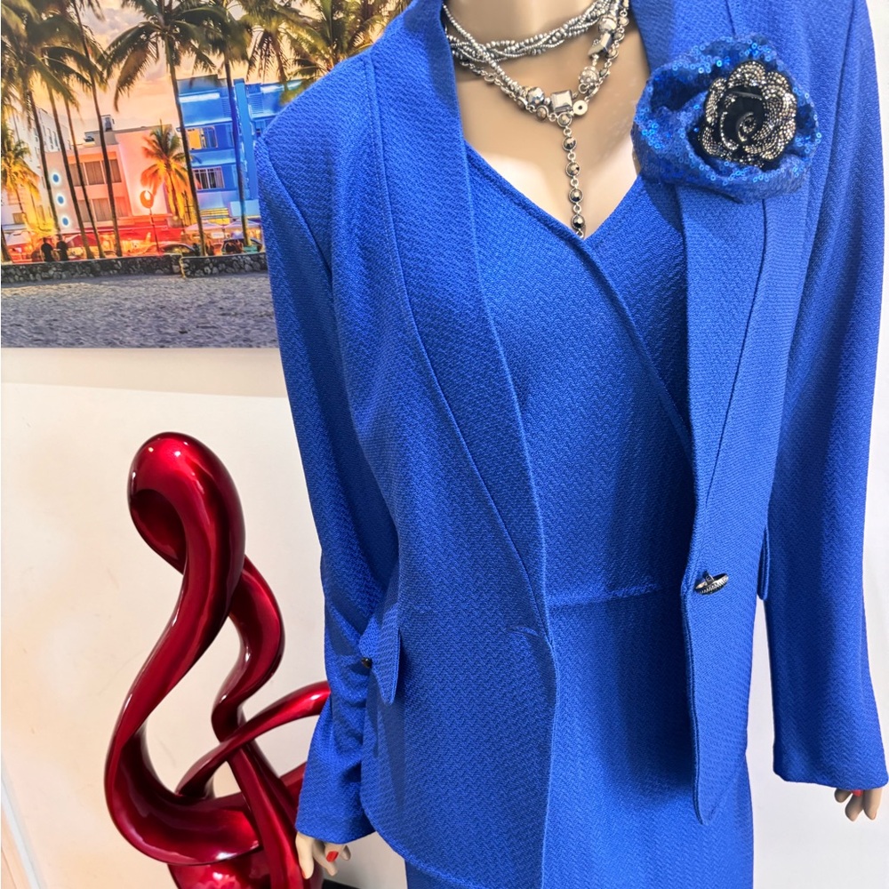St. John Royal Blue Tweed Blazer and Dress Set suit 12 Large shimmery outfit